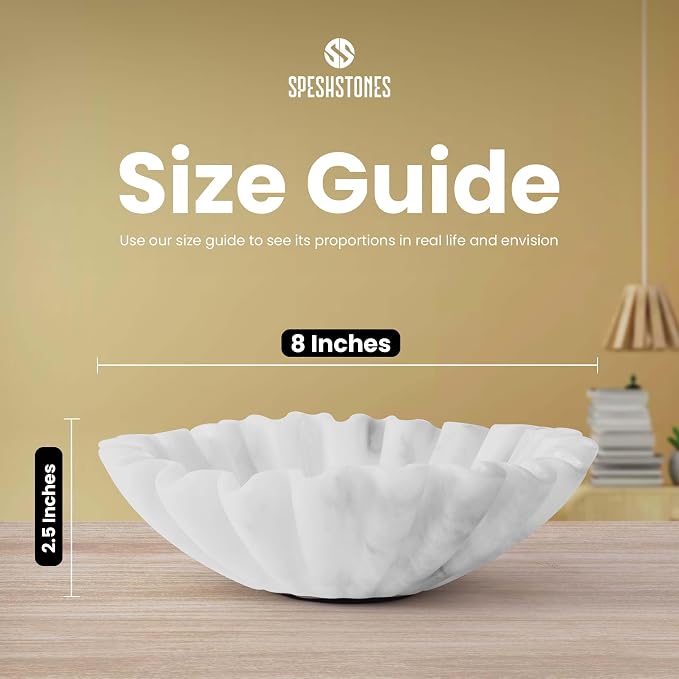 Marble Decorative Bowl Handmade 8 Inch White Ruffle Bowl, Fruit Bowl for Kitchen Counter, Large Scalloped Bowls for Housewarming Gifts, Modern Fluted Bowl for Home Decor