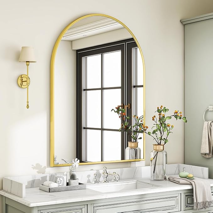 Arched Wall Mirror, 30 x 38 inch Arch Bathroom Mirror Gold | Wall Mounted Bathroom Vanity Mirror with Arch Metal Frame, Modern Room Decor for Bedroom, Entryway, Hanging or Leaning