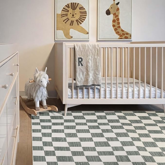 jinchan 6x9 Area Rug Washable Modern Checkered Rug for Kids Room, Grey | Geometric Lattice, Soft, Non-Slip, Floor Carpet, Kitchen, Nursery, Bedroom, Living Room, Dining Room, Nursery, Playroom