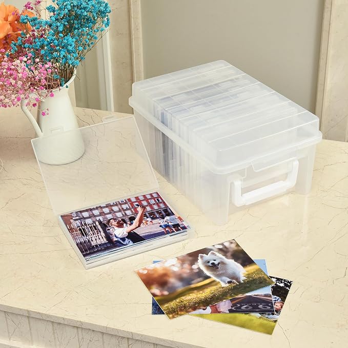 ALINK Photo Storage Box 5 x 7 In Photo Case, 10 Inner Large Photo Keeper, Clear Photo Storage Container, Seed Craft Cards Pictures Organizer, Plastic Office Organizer with 1 Label Sticker