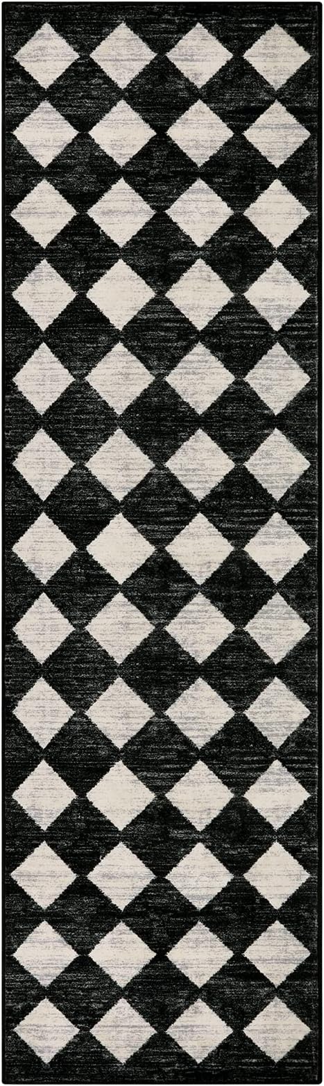Checkered Kitchen Runner Rug 2x8 Black and White, Hallway Non Slip Washable