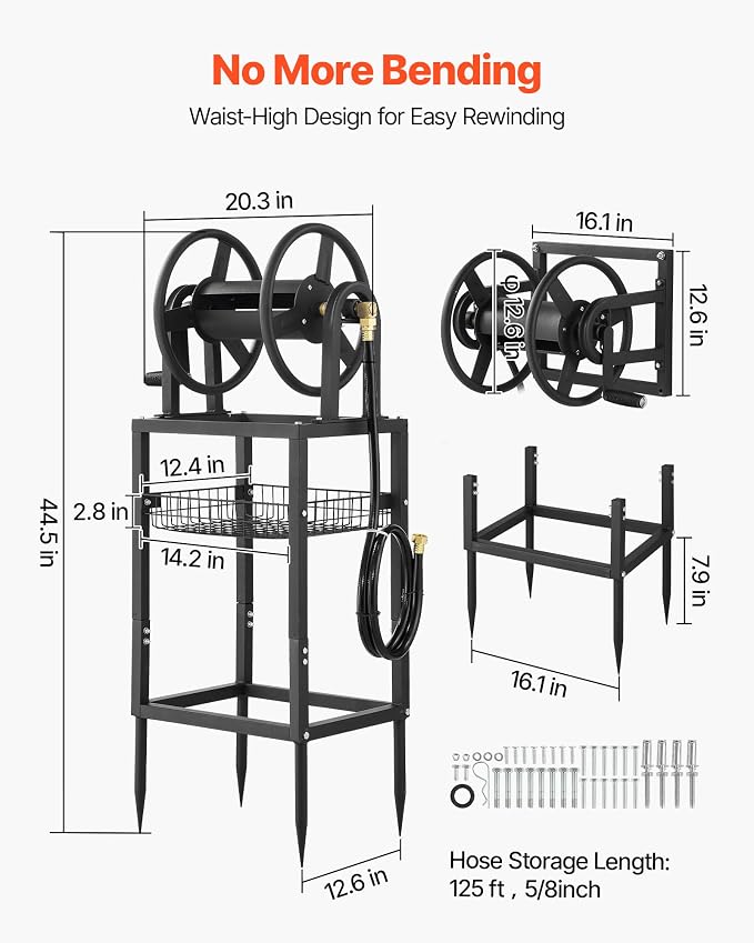 VEVOR Freestanding Garden Hose Reel, Holds 125 Feet of 5/8-inch Hose, Wall Mount or Ground Mount, Detachable Holder Stand with Storage Rack, 5 ft Leader Hose, Brass Fitting, 4 Spikes, for Backyards