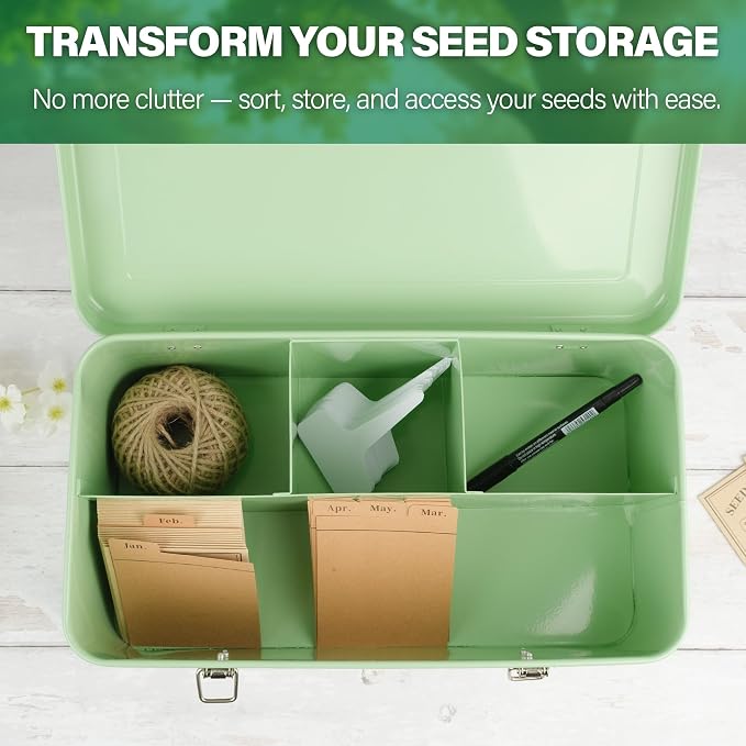 Seed Storage Box Organiser – Green Garden Seeds Tin with Lid, Side Handles, 4 Compartments & Safety Lock – Seed Packet Container for Gardeners – Gardening Gift Idea with Over 100 Accessories | Seed Tin with Lid, Handles, 4 Sections & Safety Lock, Over ...