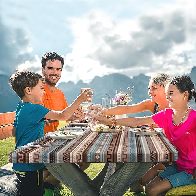 Picnic Table Cover with Bench Covers Elastic Edges, Blue Brown Tripes Camper Fitted Table Cover, Outdoor Patio Camping Essentials 72 Inch 5PCS, Waterproof Camping Fitted Tablecloth with Drawstring Bag