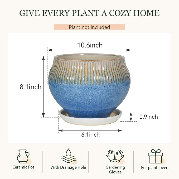 10.6 Inch Modern Ceramic Plant Pot with Drainage Hole and Mesh Net, Indoor Outdoor Planter with Saucer & Gardening Glove, Pots for Succulents, Flowers, Large Plants, Blue
