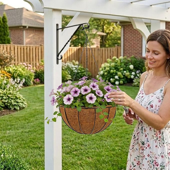 14 Inch Metal Hanging Basket with Coco Coir Liner for Flowers Planting, 2 Pack Hanging Baskets for Plants Outdoor, Round Wire Planters with Chain for Home Patio Porch Balcony Garden Decor