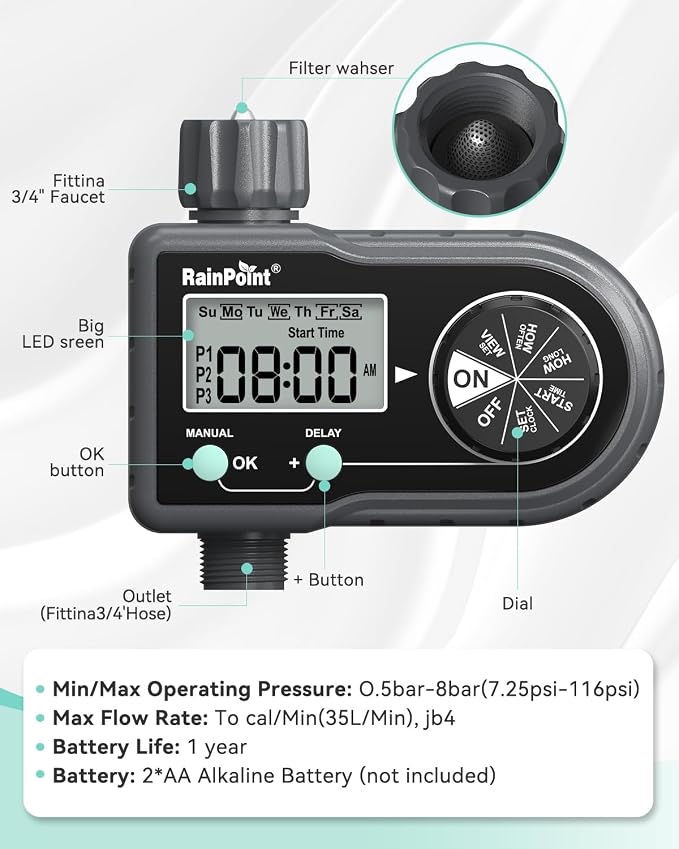 RAINPOINT Sprinkler Timer, Hose Timer with 3 Individual Programs, Water Timer for Garden Hose Faucet, Programmable Automatic/Manual Irrigation System, for Specific Days or Daily Outdoor Lawn Watering