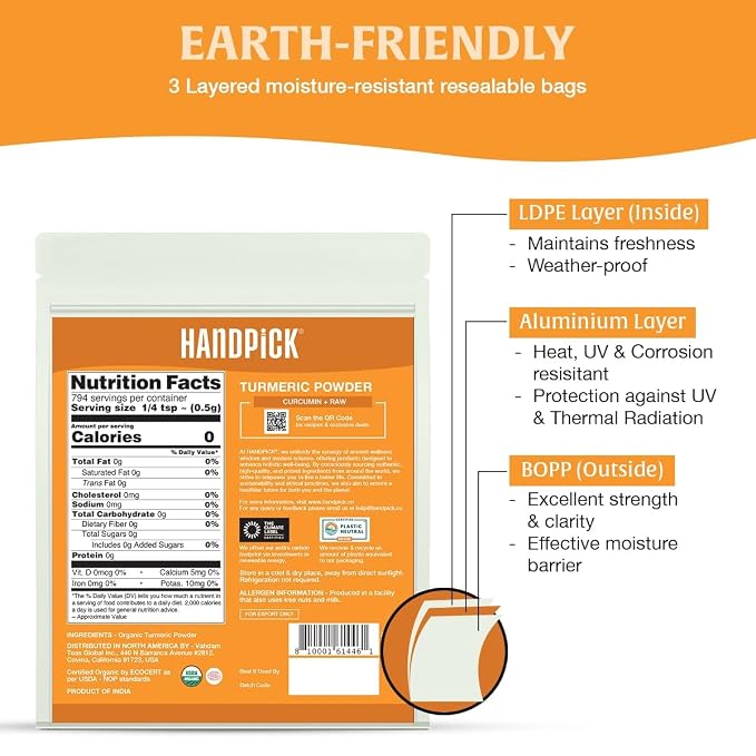 HANDPICK Organic Turmeric Powder with Curcumin (397g/14oz) | Authentic Indian Origin | Gluten Free | Made from Turmeric Root (Packaging may vary)