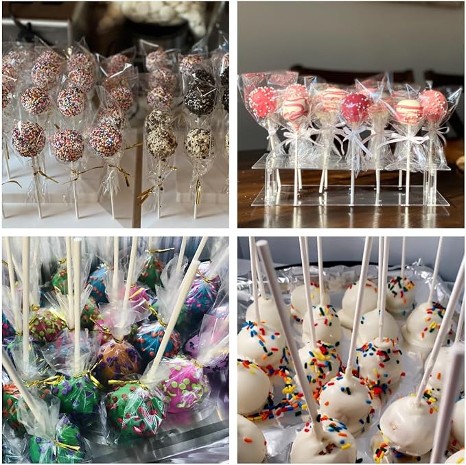 COOLAKE 600 PCS Cake Pop Sticks and Wrappers Kit, Including 200 Pcs 6 inch Paper Lollipop Sticks, 200 Pcs Clear Treat Bags Twist Ties for Cakepop, Lollipop, Hard Candy, Suckers, Chocolate