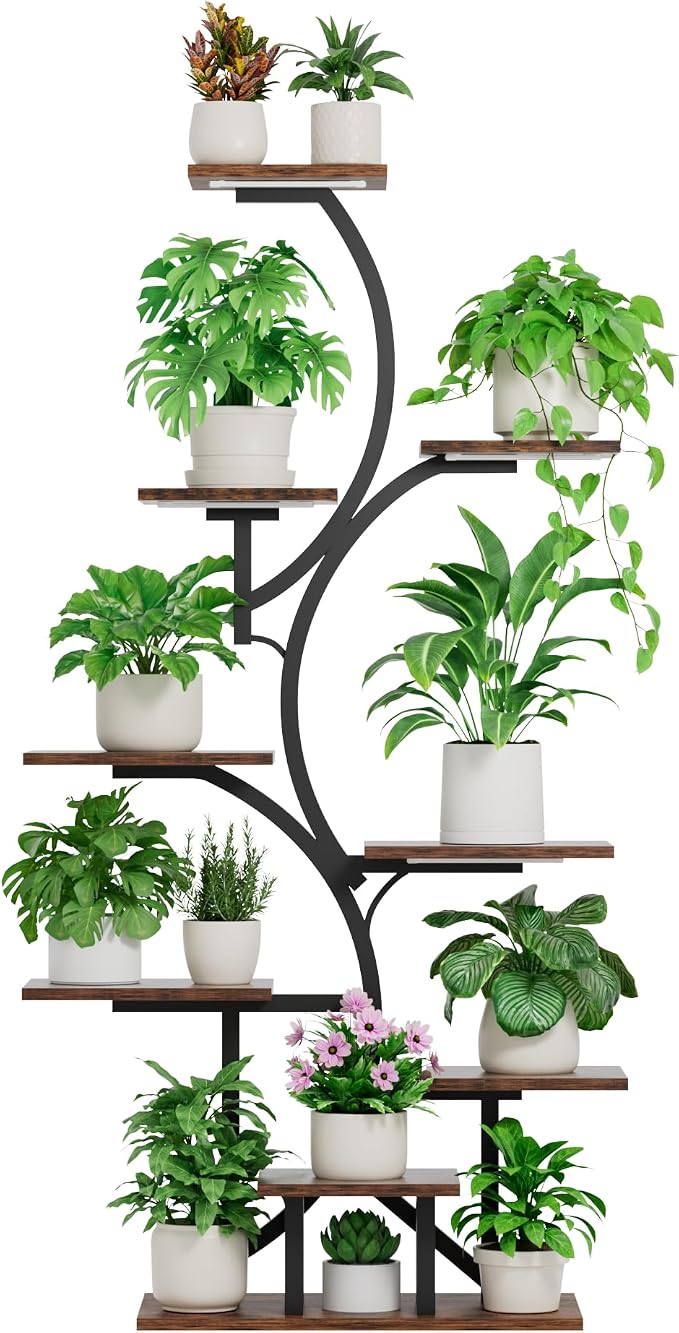 Plant Stand Indoor with Grow Light: Lighted Plant Stands 56.5" Tall, 9 Tiered Large Plant Shelf for Indoor Growing, S-Shaped Flower Holder Display for Multiple Plants, Living Room, Patio (Black)