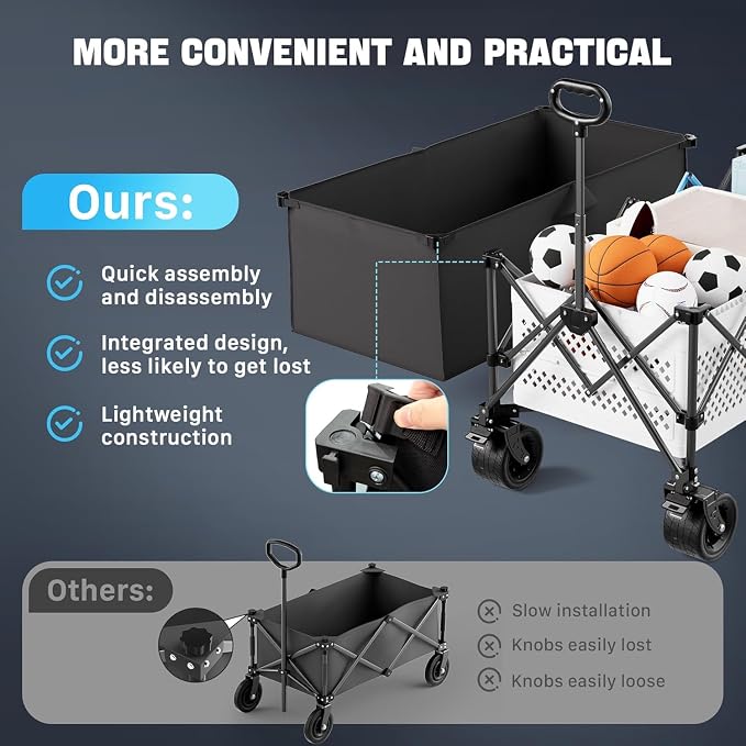 Homebetta 48" XL Collapsible Wagon Cart, 400L Heavy Duty Folding Wagon with All-Terrain Wheels and Sled Board, 560 lbs Capacity Utility Wagon for Camping, Garden, Sports, Beach and Shopping