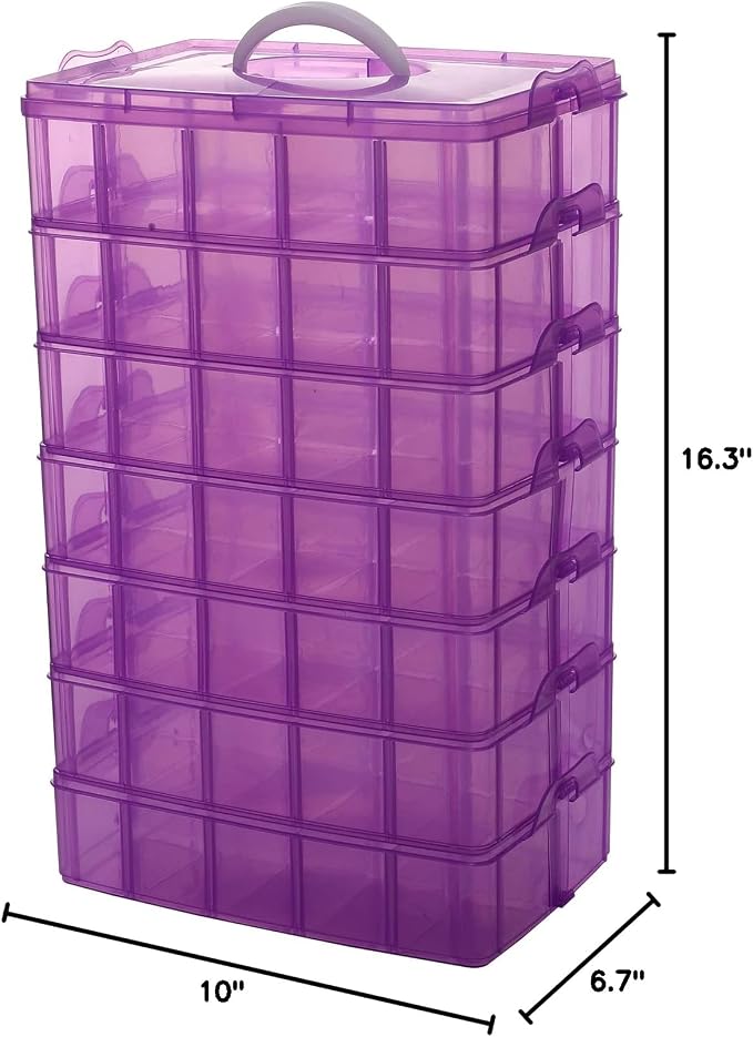 Sooyee 7 Layers Stackable Storage Container, 70 Adjustable Compartments Stackable Storage Container for Kids Toys, Art Crafts, Jewelry, Supplies, Mini Case & Letter Sticker Included,Clear,Purple