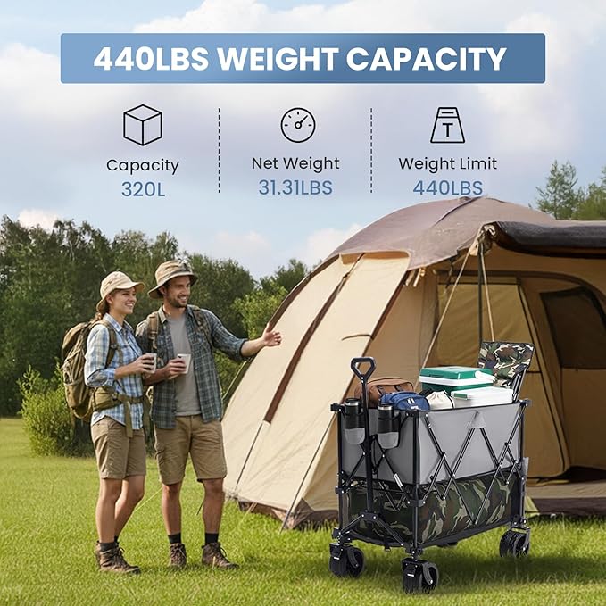 DUMOS 440LBS Heavy Duty Double Decker Wagon Cart with Extender, 400L Large Capacity Collapsible Folding Wagons with Brakes, Adjust Handle, All-Terrain Big Wheels for Garden Shopping Camping - Grey