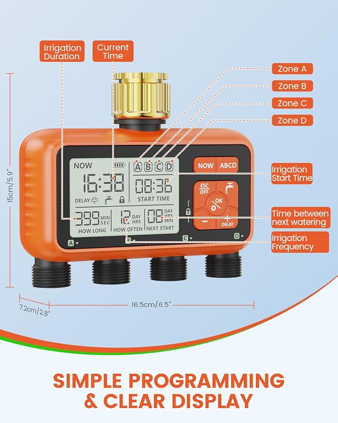 Sprinkler Timer 4 Zone with Brass Inlet Water Timer for Garden Hose Programmable Hose Faucet Controller with Independent Zone Control Custom Rain Delay Manual&Auto Watering Child Lock for Yard Lawn
