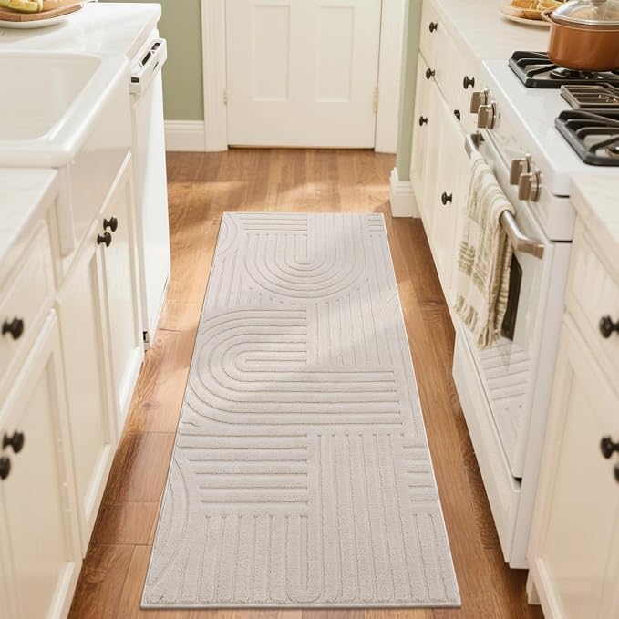 SHACOS Soft Cozy Fluffy Arch Pattern High Low Pile Runner Rugs 2'x6' Non Slip Washable Scandinavian Minimalist Rug Modern Geometric Arc Carpet for Living Room Bedroom Bathroom, Beige