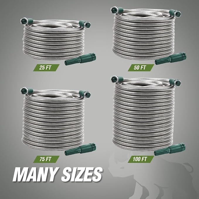 RUGGED RHINO Metal Garden Hose with Spray Nozzle, 100FT, 304 Stainless Steel, 750 PSI Burst Strength, Heavy Duty Flexible Water Hose, Kink Resistant, Leakproof for Yard, Lawn and Outdoor Use, Green