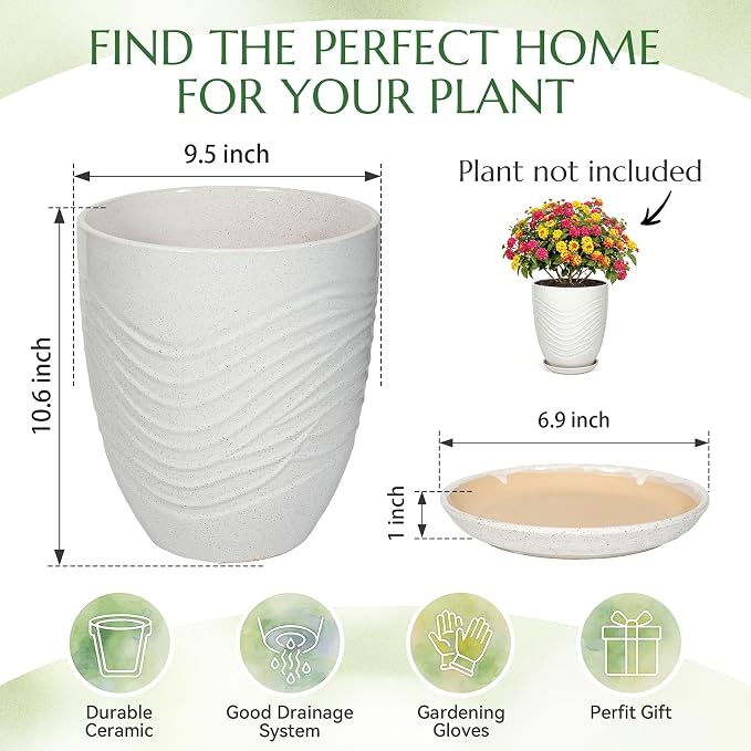 9.5 Inch Flower Pots for Indoor Plants,Ceramic Planter with Saucer Drainage Leak-Proof Mesh Gardening Gloves (Water-Ripple White)