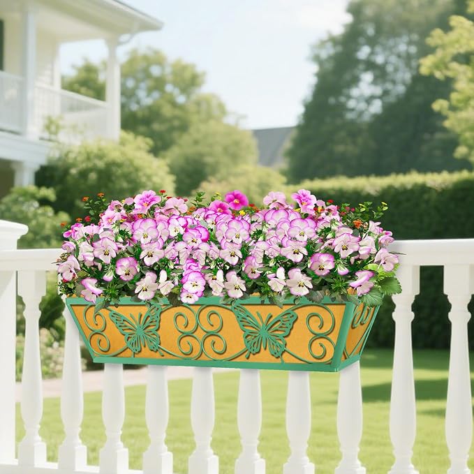 4 Pack 24 Inch Window Boxes Planters Railing Planter Box with Adjustable Brackets for Porch Fence Patio Balcony Hanging Flower Baskets with Woven Fabric for Outdoor Garden Decor - Green