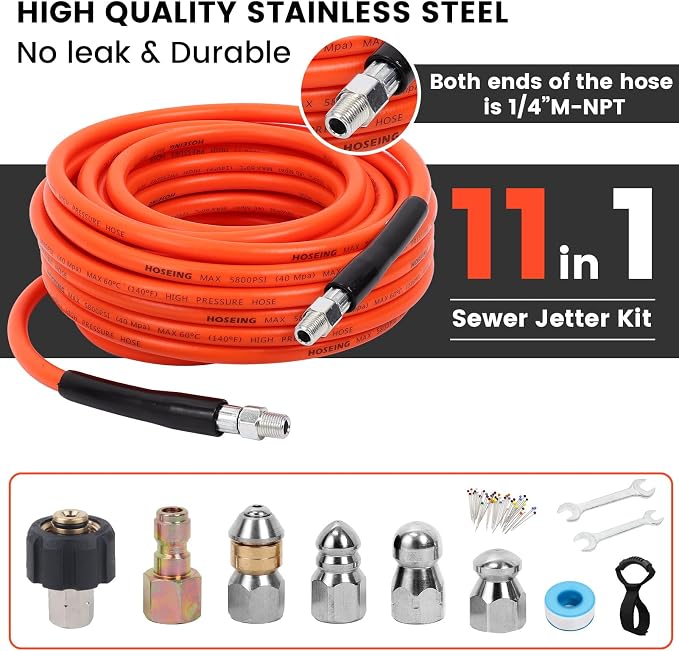 100FT Pressure Washer Sewer Jetter Kit, 5800 PSI Water Jet Drain Cleaner Hose with Corner Rotating Button Nose Nozzle, Sewer Jetting Nozzles Kit with Spanner Handle Strap