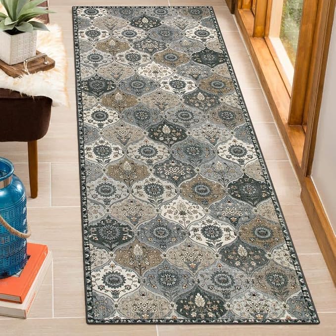 Lahome Moroccan Washable Runner Rug, 2x6 Soft Kitchen Runner Rug Non Slip | Vintage Trellis Laundry Room Rug Vintage Ultra-Thin Long Carpet for Kitchen Bedroom Elise, Grey