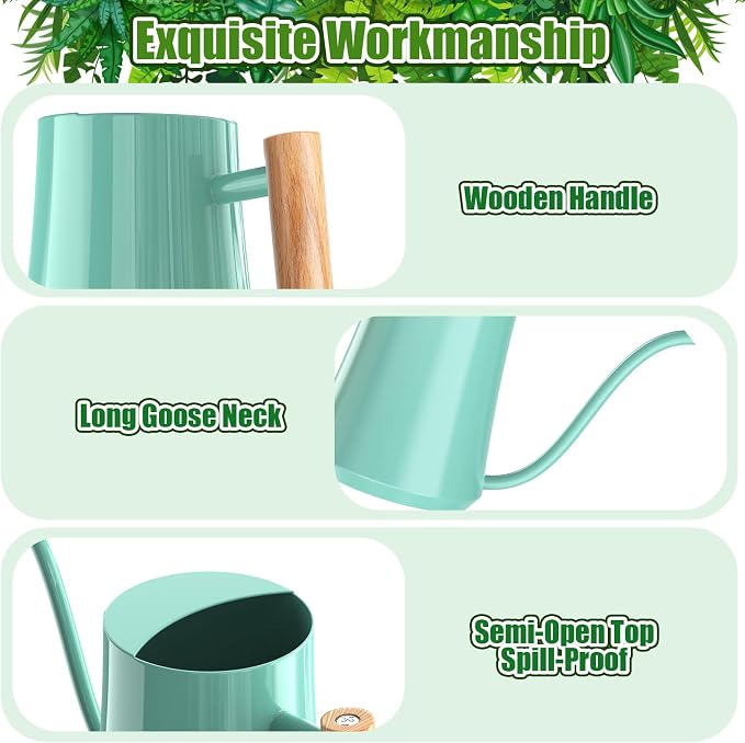 Green Moon 1L/35oz Metal Watering Can Indoor with Long Spout, Mint Green | Metal Stainless Steel Watering Can with Wood Handle for Indoor Plants, House Bonsai, Succulents, and Outdoor Garden Flowers