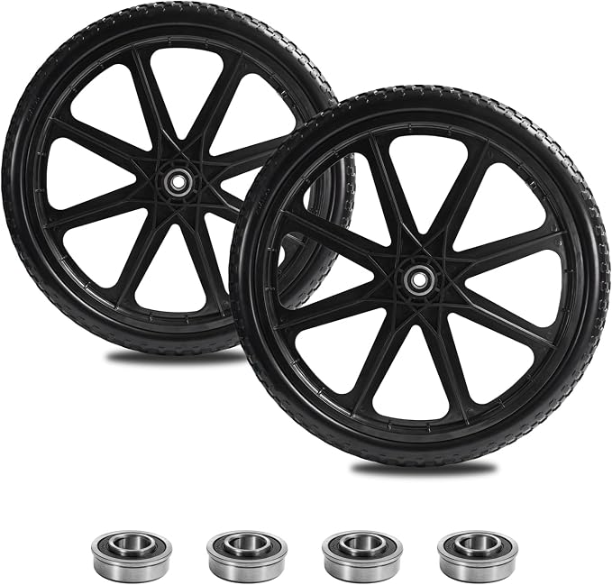 20" Flat Free Tire Cart Wheels Replacement for Rubber Maid Wheelbarrow Wheels Garden Cart, Replacement Wheels with 5/8" 3/4" Bearing for Utility Carts/Lawn Carts/Wheelbarrow, Black 2PACK
