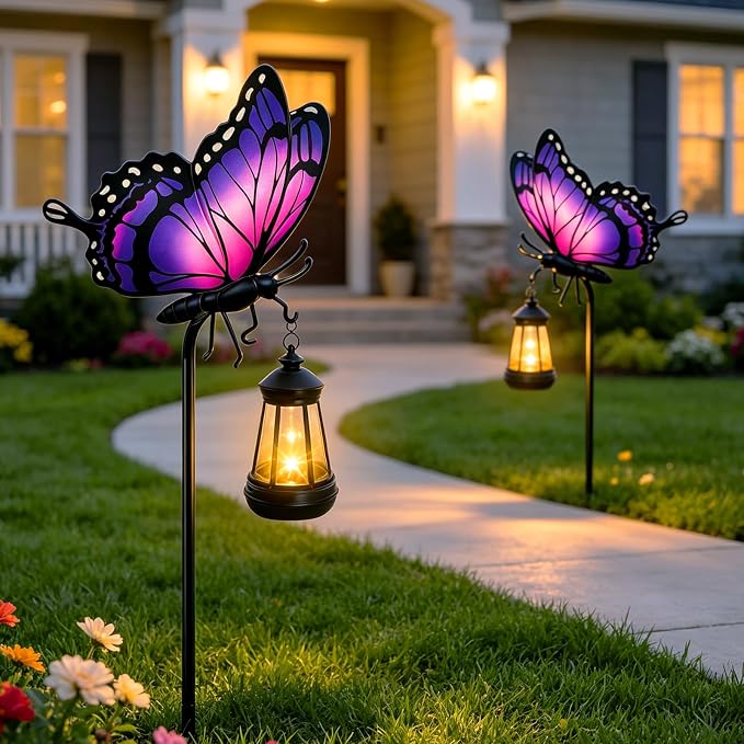 Butterfly Solar Garden Lights Outdoor Waterproof, Gifts for Women Mom Grandma Daughter, Stake Lights with Solar Lantern, Hanging Solar Lights, Solar Path Lights Yard Art Outside Patio Garden Decor