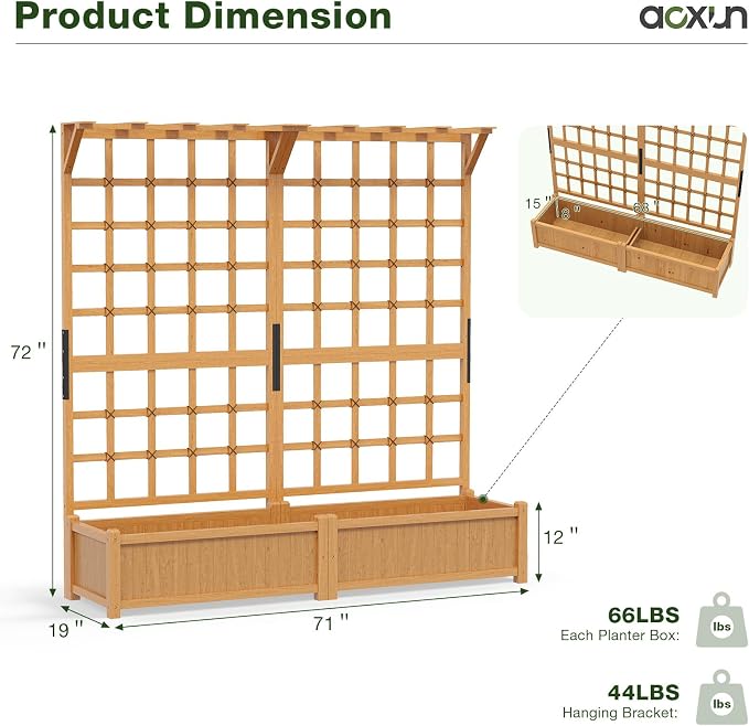 Aoxun 36" Raised Garden Bed with Trellis, Wood Planter Container with Hanging Roof & Garden Boxes for Climbing Plants Flowers Vine (1 piece)
