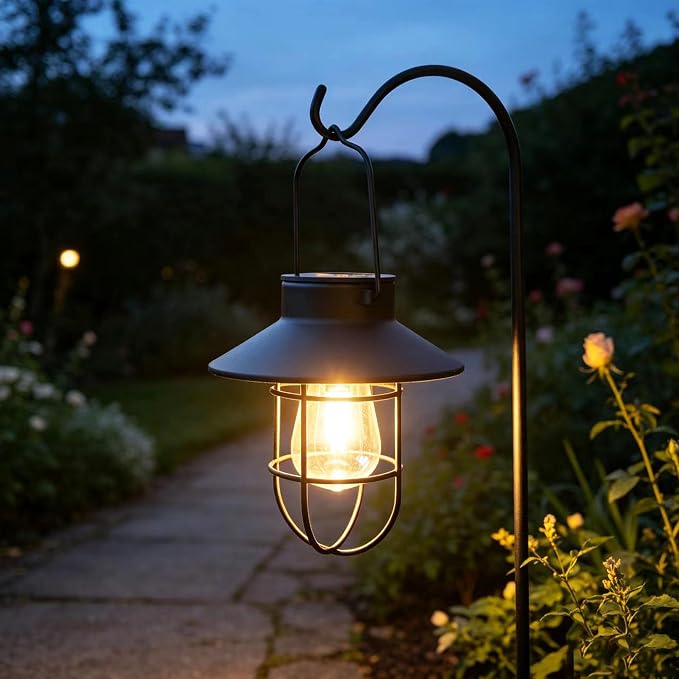 Solar Lanterns Outdoor Waterproof,4pack Hanging Solar Lights Lantern Lamp with Shepherd Hook, Metal Waterproof Edison Bulb Lights for Garden Outdoor Pathway