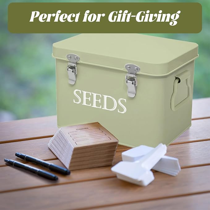 Ecopark Seed Storage Box, Professional All-in-one Kit with 2 Pens, 20 Plant Labels and 50 Seed Envelopes, Metal Storage Organizer, Saving Box, Seed Packet Container, Green