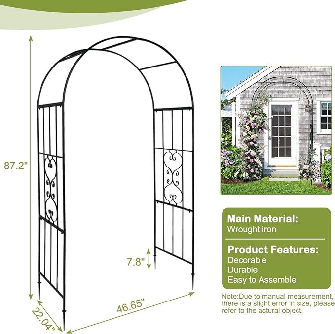 Outvita 7.3FT Garden Arch Arbor, Heavy Duty Metal Arbour Archway, Decorative Frame Stand Trellis with Ground Stakes for Wedding Ceremony Party Plant Climbing Rose Vines Lawn Patio Black