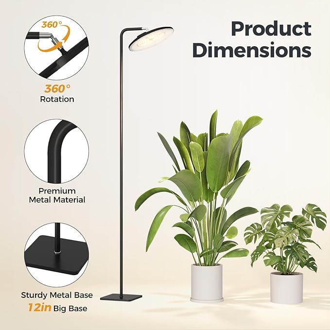Bamworld Hanging Grow Light for Indoor Plants 12in Large Head Full Spectrum 10 Dimmable Levels LED Grow Light Long Cord Timer Garden Greenhouse Flowers Large Tall Plant Black with Upright Stand