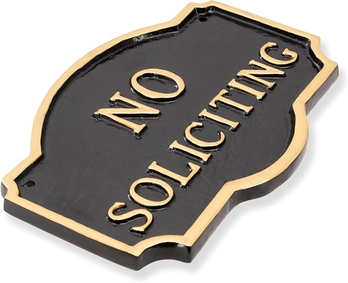 Montague Metal Products Montague No Soliciting Statement Plaque, Cast Metal No Soliciting Statement Sign - WALL Display Plaque - Warning Signs - Business - Easy to Install - UV Resistant (Black with Gold Letter, 4.5" x 7.15")
