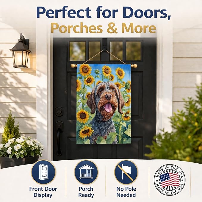 Caroline's Treasures DAC6177CHF Wirehaired Pointing Griffon in Sunflowers House Flag Large Porch Sleeve Pole Decorative Outside Yard Banner Artwork Wall Hanging, Polyester, House Size, Multicolor