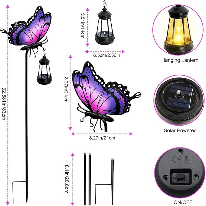 Solar Butterfly Garden Lights Outdoor, Purple Butterfly Hanging Lantern with Warm LED Glow, Waterproof Metal Stake Light for Yard Patio Lawn Pathway, Decorative Solar Garden Decor Gifts for Women Mom
