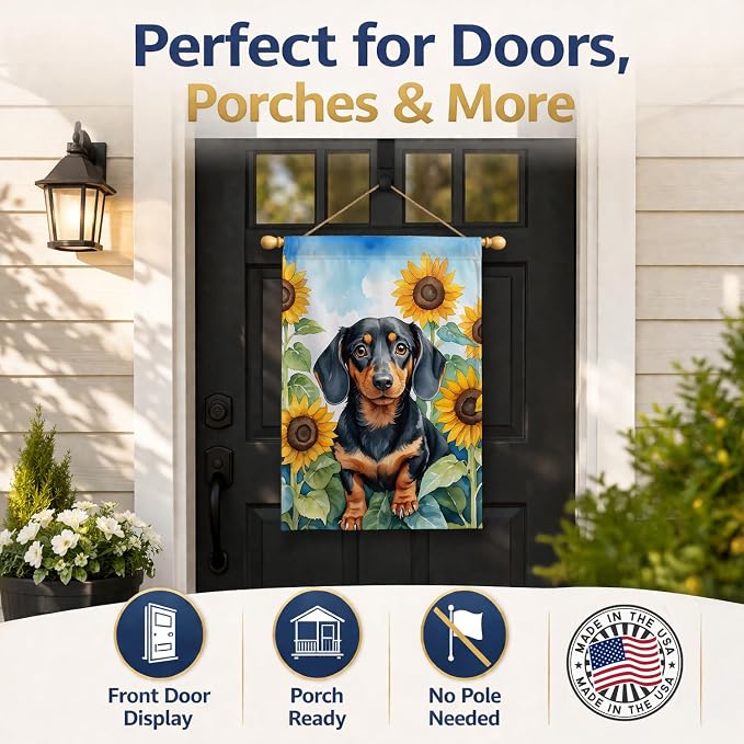Caroline's Treasures DAC6066CHF Dachshund in Sunflowers House Flag Large Porch Sleeve Pole Decorative Outside Yard Banner Artwork Wall Hanging, Polyester, House Size, Multicolor