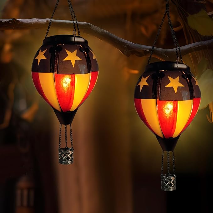 Glass Solar Hot Air Balloon Lantern with Flame Hanging Garden Flickering Light Outdoor Waterproof for Yard Patio Tree 4th of July Decorations, Flag-C