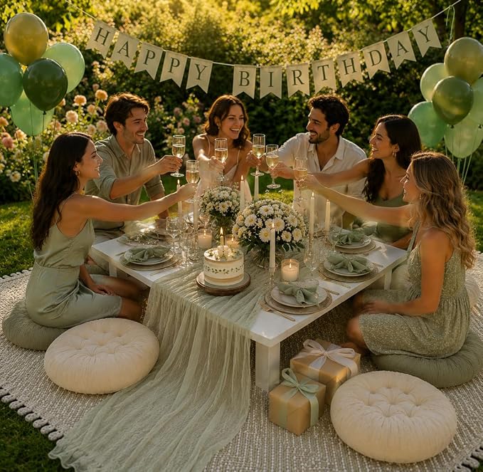 Cinrobiye Boho Picnic Party Set for Outdoor, Aesthetic Picnic Setup with Large Picnic Blanket, Floor Cushions, Table Runner, Napkins, Balloons for Wedding, Bridal Shower, Birthday(Green)
