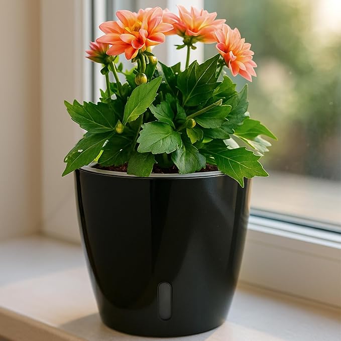 Self-Watering Pots for Indoor Plants, 16-Pack Self Watering Planter with Drainage Holes, Small African Violet Pots with Water Indicator, 10-Pack 5''/6-Pack 6.7'' Orchid Pot, Black