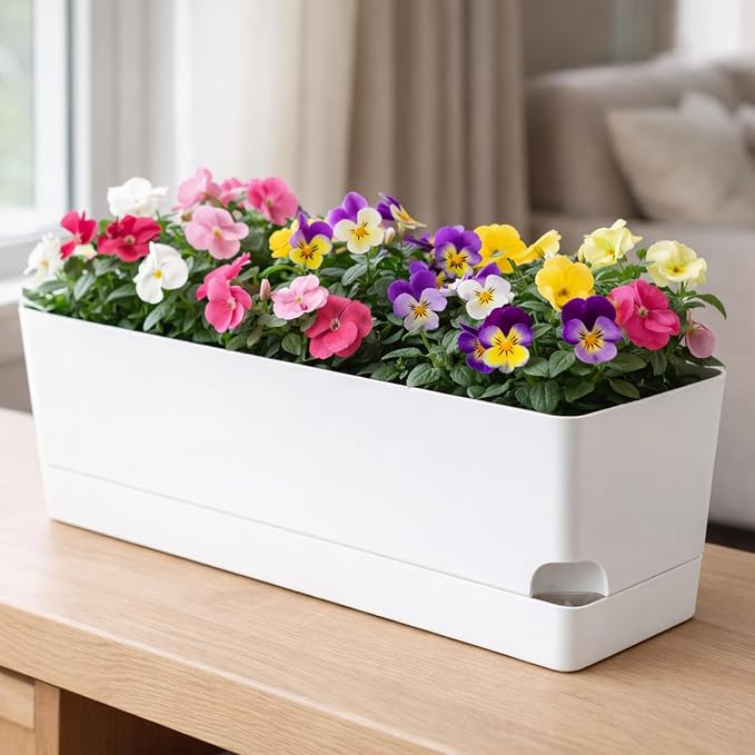 Party Zealot Window Boxes Planters, 3 Pack Self Watering Pots for Indoor Plants 17 Inch Rectangular Planter Rectangle Flower Pots Long Plant Pot Large Window Sill Herb Planter Box, White