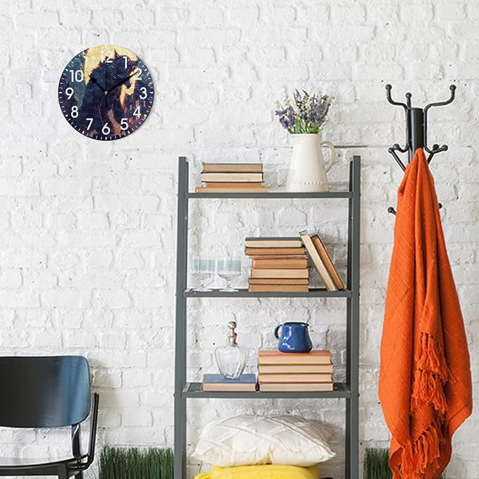 ALAZA Home Decor Wolf Moon House Round Acrylic 9.84 Inch Wall Clock Non Ticking Silent Clock Art for Living Room Kitchen Bedroom
