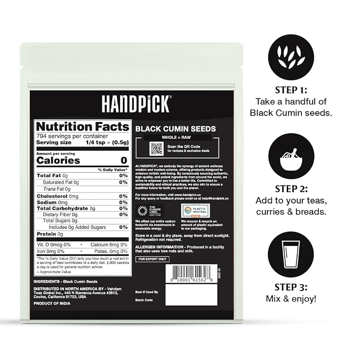 HANDPICK Black Cumin Seed (14oz) Pure Nigella Seeds - No Salt or Preservatives, Non GMO | Indian Black Whole Cumin | Gluten Free, Aromatic & Farm Fresh Kalonji | Resealable Zip Lock Pouch