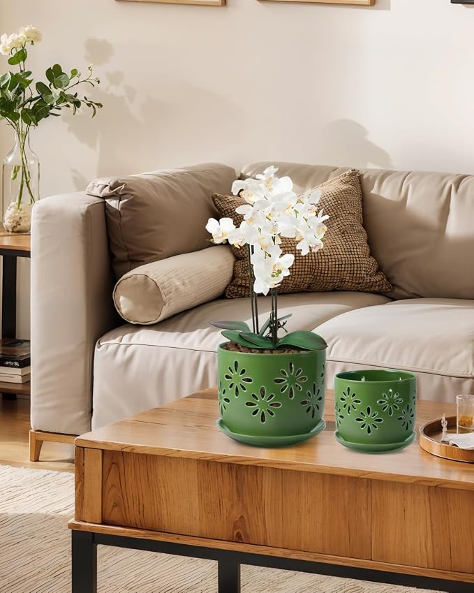 EFISPSS Orchid Pots with Holes,5+6 Inch Ceramic Plant Pots with Drainage Holes and Tray,Enhanced Drainage and Ventilation,Flower Pots for Indoor/Outdoor Plants for Repotting - Green