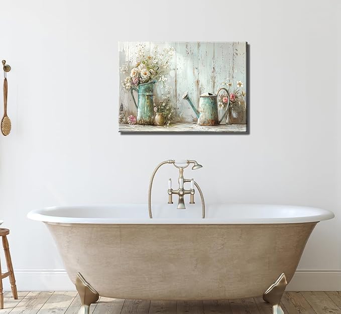 Farmhouse Flower Bathroom Canvas Wall Art Vintage Floral Decor Pictures White Daisy Flowers Watering Can Posters Prints for Bathroom Toilet Washroom Lavatory Home Decoration