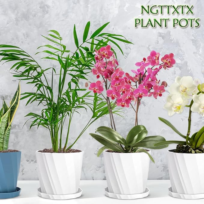 8 Inch Plant Pots with Drainage Holes and Saucers - Flower Pots for Indoor Plants - White Plastic Planters for Outdoor Plants - House Planting Pots Set