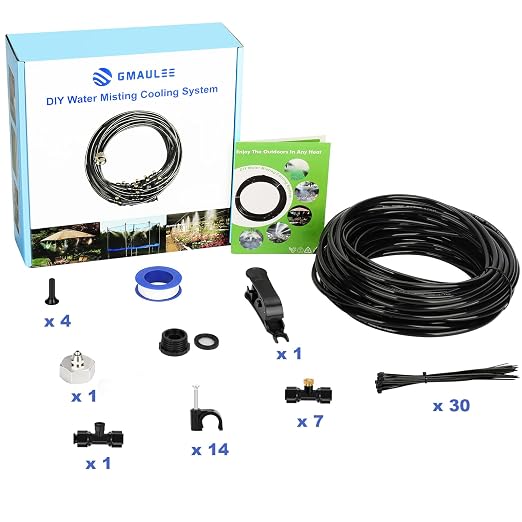 GMAULEE Misting Cooling System, DIY 33FT(10M) Misting Line +7 Brass Mist Nozzles+ a Brass Connector(3/4'') Outdoor Mister System for Patio Waterpark Garden Trampoline Greenhouse
