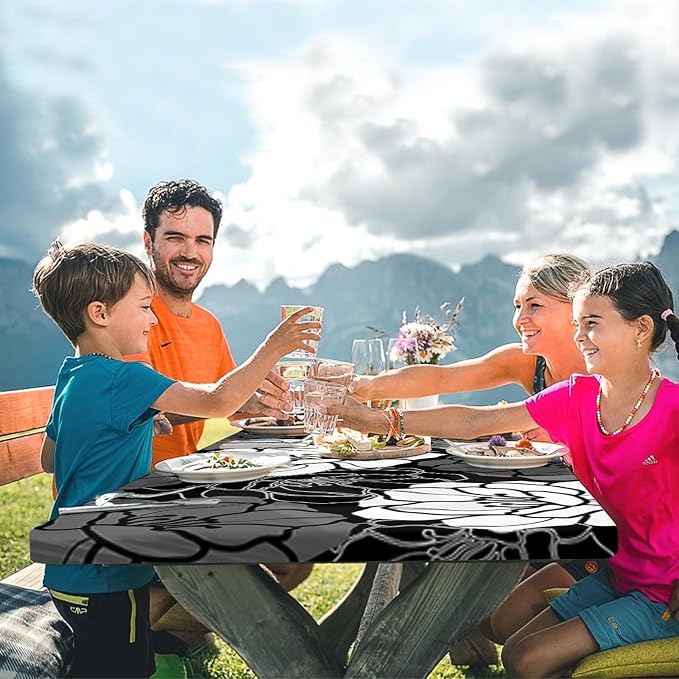 3 Piece Fitted Picnic Table Cover with Bench Covers, 72"x30" Full Elastic Edge Camping Tablecloth, Waterproof Wipeable RV Outdoor Patio Park Camping Essentials with Drawstring Bag (Flower