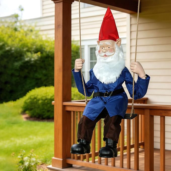 LarpGears Outdoor Spring Gnome Decor with Swing - Waterproof Yard and Garden Decorations, Realistic Hanging Gnome for Patio, Tree, or Yard