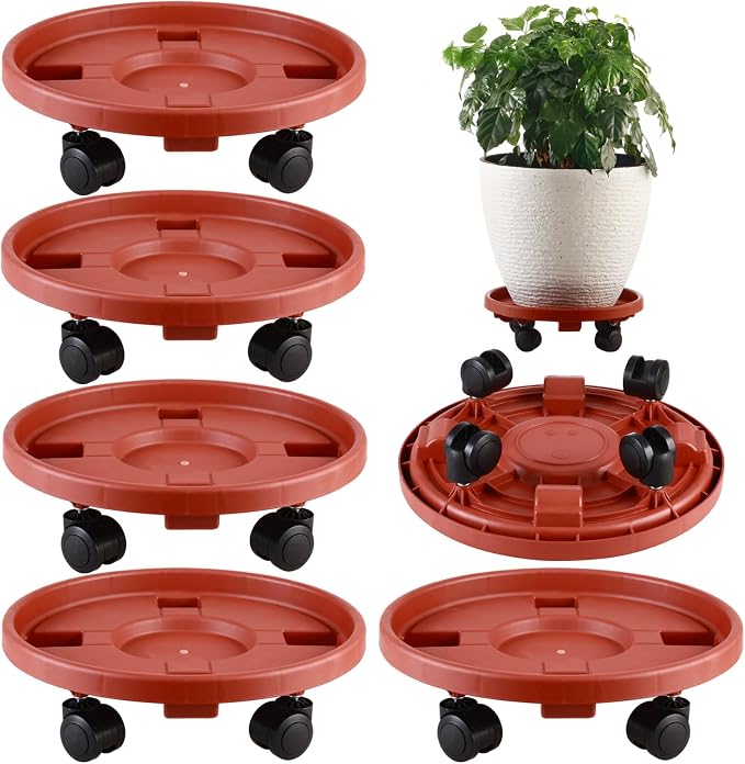 5 Pakcs Large Plant Caddy with Wheels 15.8" Rolling Plant Stands Heavy-duty Plastic Plant Roller Base Pot Movers Plant Saucer on Wheels Indoor Outdoor Plant Dolly with Caster Tray Coaster Red