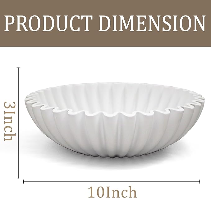 LIN CHUAN Ruffle Decorative Bowl, Large Fruit Bowl for Kitchen Counter, Stylish Key Bowl for Entry Table, Handcrafted Home Decor Display bowl, White